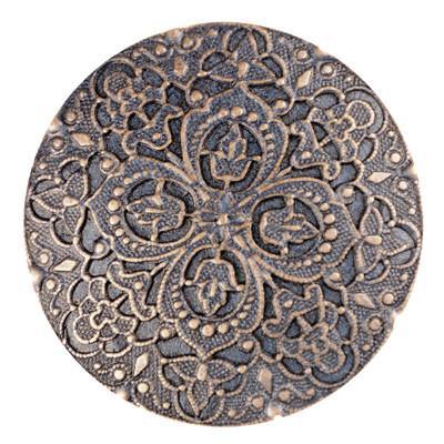 Large Blue and Silver Embossed Metal Hand Painted Button Detail from Pandemonium Millinery