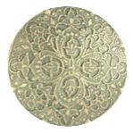 Large Green and Silver Embossed Metal Hand Painted Button Detail from Pandemonium Millinery