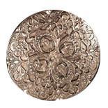 Large Blue and Silver Embossed Metal Hand Painted Button Detail from Pandemonium Millinery