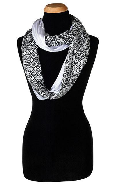 Ladies Two-Tone Infinity Scarf, Large Wrap | Shown in Casbah Print in Black and white with Milky Way White Jersy Knit | Handmade in Seattle WA | Pandemonium Millinery