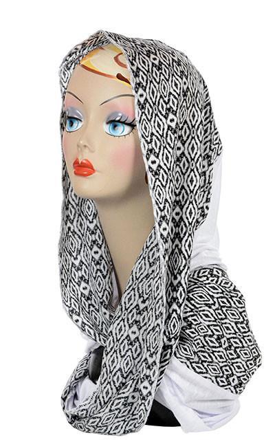 Ladies Two-Tone infinity Scarf, Large Wrap shown on mannequin head  | Shown in Casbah Diamond Print in Black and white with Milky Way White Jersy Knit | Handmade in Seattle WA | Pandemonium Millinery