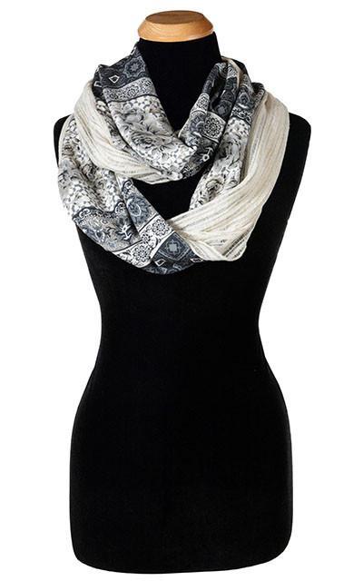 Women’s Two-tone infinity Scarf, Wrap on Mannequin  | Cloud Cotton Voile light-weight, paired English Tea, a unique printed blend | Handmade in Seattle WA | Pandemonium Millinery