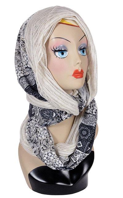Women’s Two-tone infinity Scarf, Wrap on Mannequin  | Cloud Cotton Voile light-weight, paired English Tea, a unique printed blend on mannequin | Handmade in Seattle WA | Pandemonium Millinery