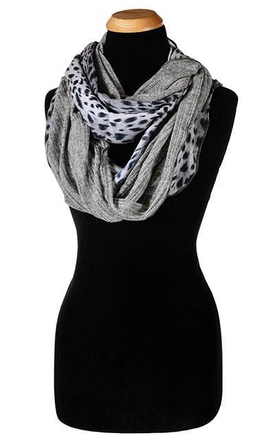 Ladies Two-Tone Infinity Scarf, Large Wrap | Shown in White Burmese animal print on Cotton with Voile in Rain ( gray), Knit | Handmade in Seattle WA | Pandemonium Millinery