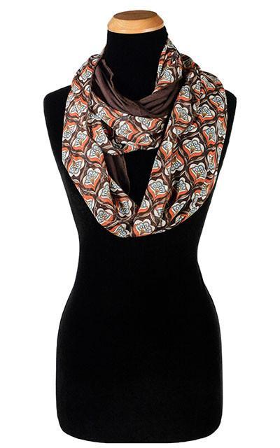  Ladies Two-Tone Infinity Scarf | Shown in Multi Mod  (brown, blue, rust and cream)   print on Chiffon with Chocolate Jersey Knit | Handmade in Seattle WA | Pandemonium Millinery