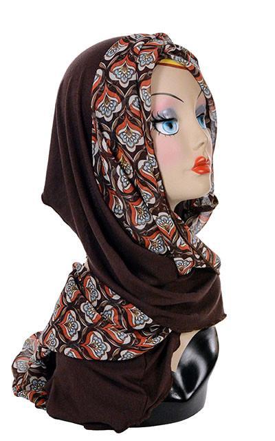 Ladies Two-Tone Infinity Scarf on vintage looking mannequin head | Shown in Multi Mod  (brown, blue, rust and cream)   print on Chiffon with Chocolate Jersey Knit | Handmade in Seattle WA | Pandemonium Millinery