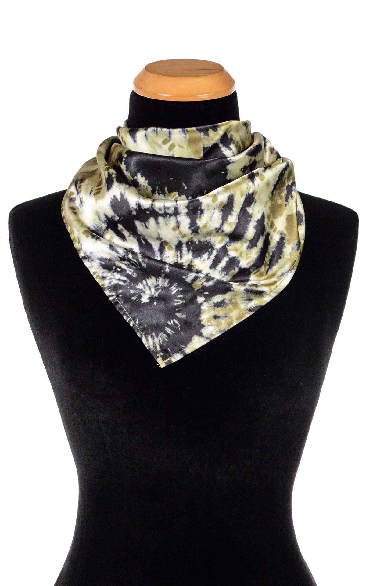 Product shot on a mannequin of Foulard Euro Scarf 21&quot; square | Egyptian Oasis, black, green, and ivory tie-dye | Handmade in Seattle WA | Pandemonium Millinery