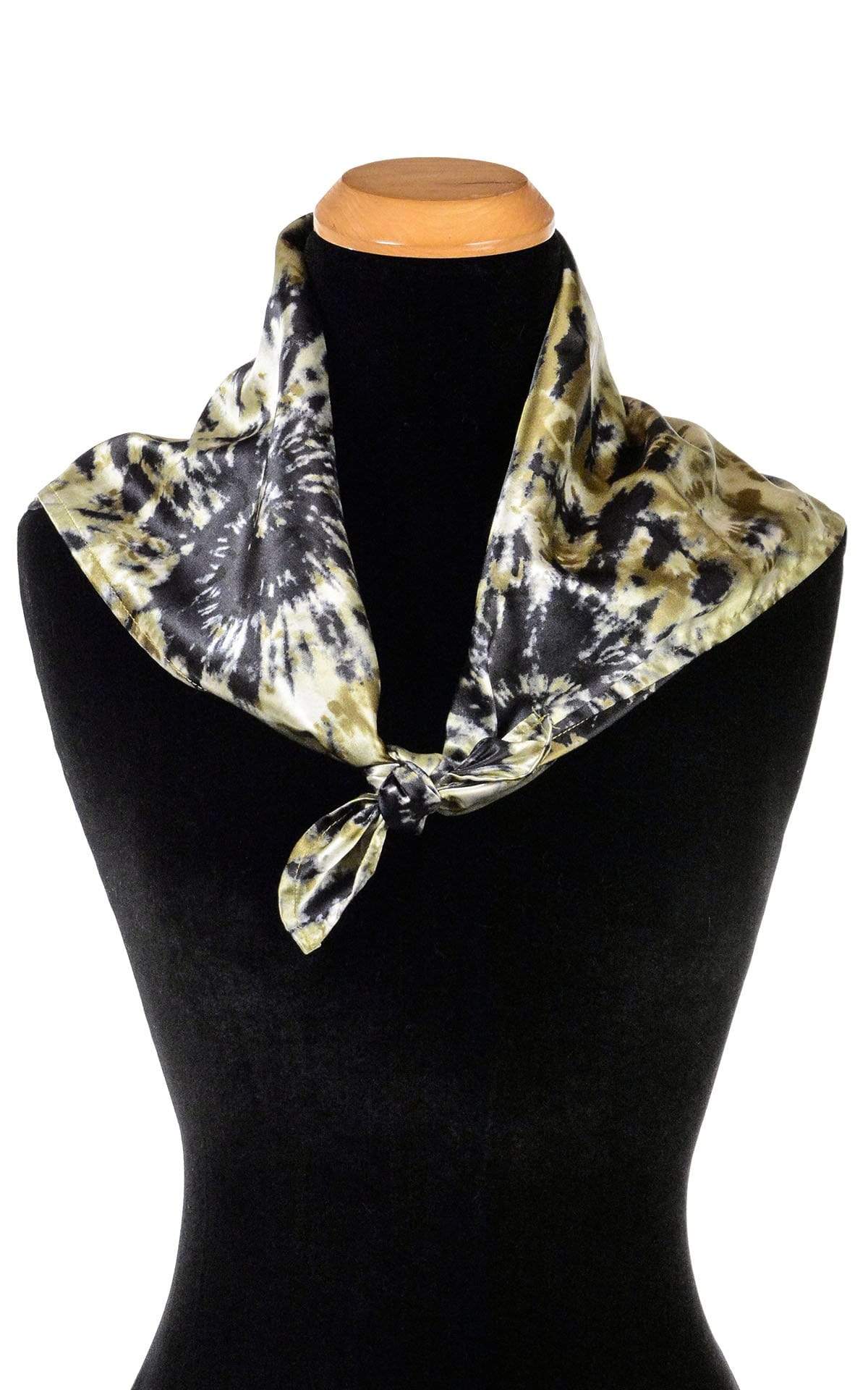 Product shot on a mannequin of Foulard Euro Scarf 21&quot; square tied in front | Egyptian Oasis, black, green, and ivory tie-dye | Handmade in Seattle WA | Pandemonium Millinery