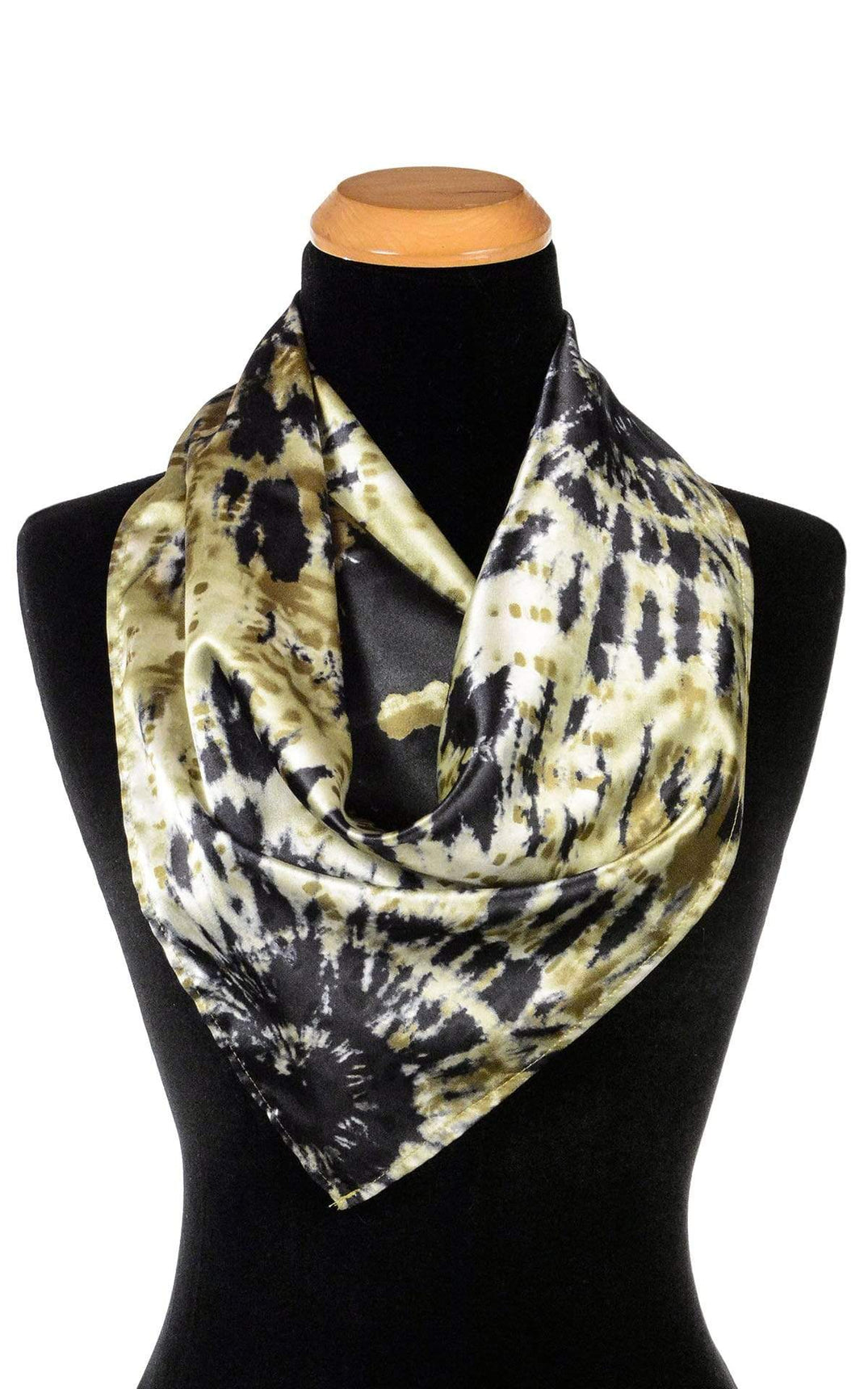 Product shot on a mannequin of Foulard Euro Scarf 21" square | Egyptian Oasis, black, green, and ivory tie-dye | Handmade in Seattle WA | Pandemonium Millinery
