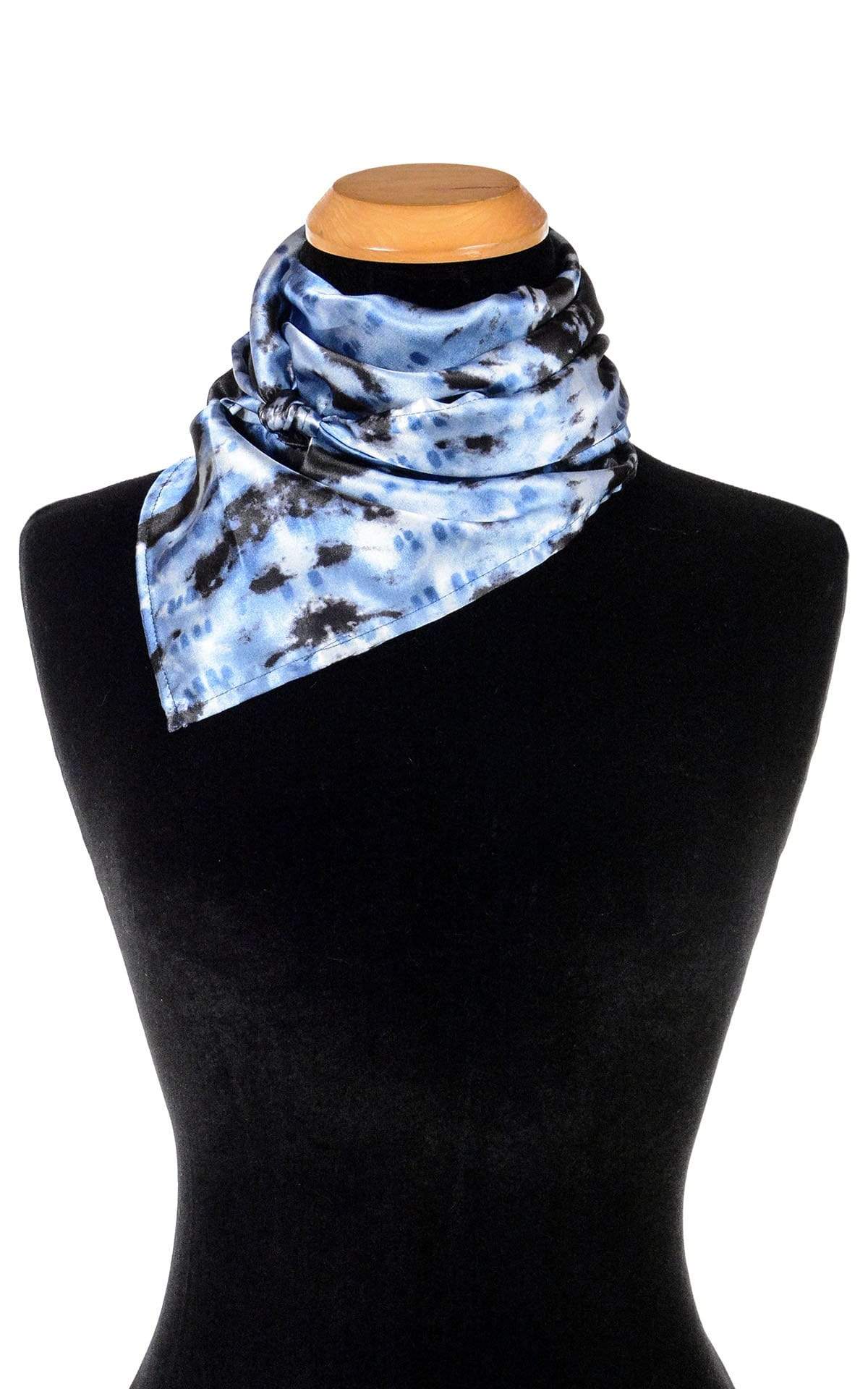Product shot on a mannequin of Foulard Euro Scarf 21&quot; square | Egyptian Mirage, black, Blues, and ivory tie-dye | Handmade in Seattle WA | Pandemonium Millinery