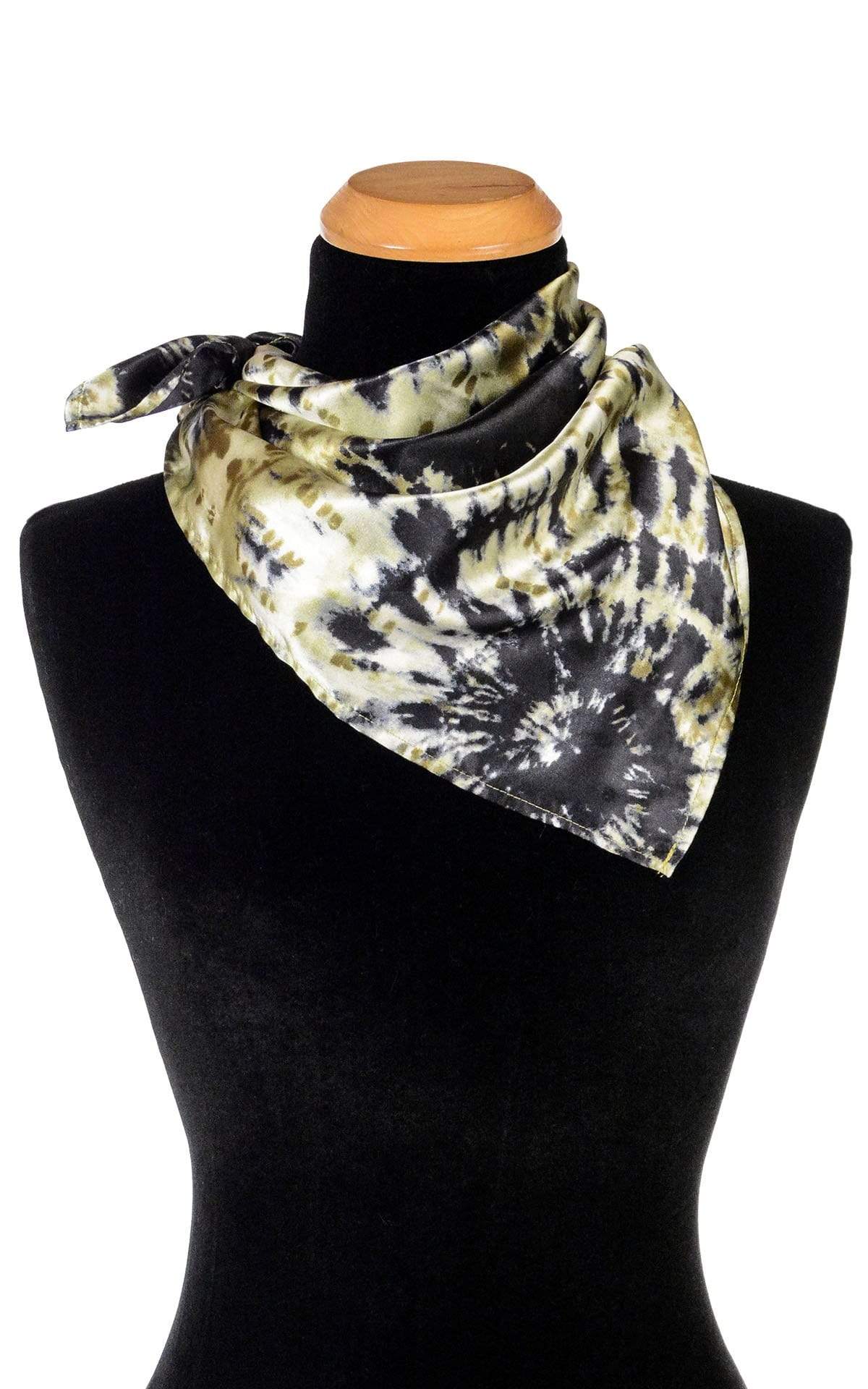 Product shot on a mannequin of Foulard Euro Scarf 21&quot; square tied on side | Egyptian Oasis, black, green, and ivory tie-dye | Handmade in Seattle WA | Pandemonium Millinery