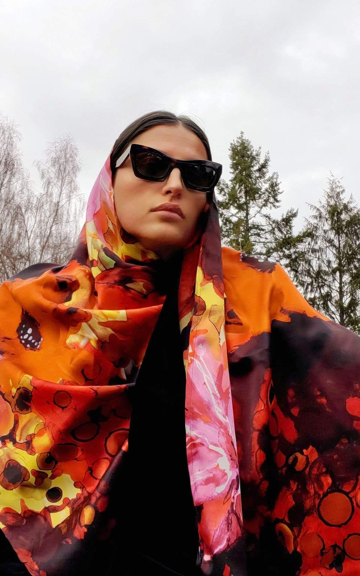 Women wearing Euro Scarf 21" in Calypso Fiesta Silk | Handmade in Seattle WA | Pandemonium Millinery