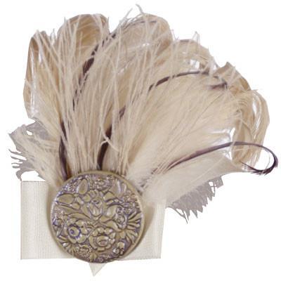 Feather Brooch with Cream Grosgrain and Button Detail | Cream and Plum Feathers | handmade in Seattle WA by Pandemonium Millinery USA