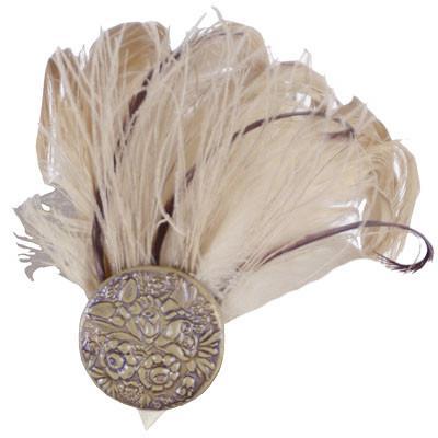 Feather Brooch with Cream Grosgrain and Button Detail | Cream and Plum Feathers | handmade in Seattle WA by Pandemonium Millinery USA