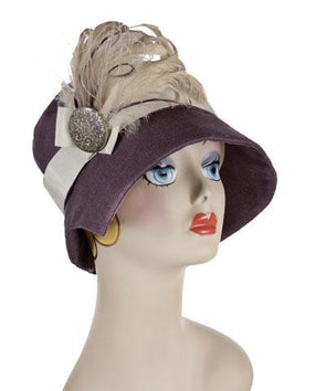 Feather Brooch with Cream Grosgrain on Plum Linen Hat | Cream and Plum Feathers | handmade in Seattle WA by Pandemonium Millinery USA