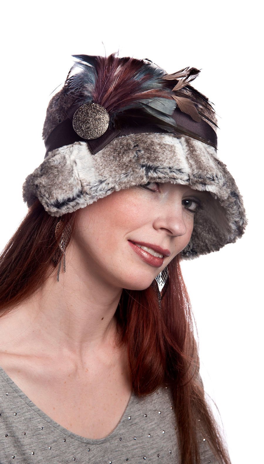 Feather Brooch on faux fur Hat | Steel, Natural, and Mauve Feathers | handmade in Seattle WA by Pandemonium Millinery USA