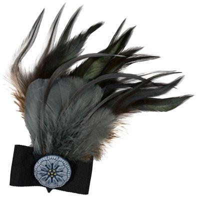 Feather Brooch with Painted Button and Grosgrain Bow | Steel, Natural, and Black Feathers with Black Grosgrain | handmade in Seattle WA by Pandemonium Millinery USA