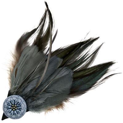 Feather Brooch with Painted Button and Grosgrain Bow | Steel, Natural, and Black Feathers with Black Grosgrain | handmade in Seattle WA by Pandemonium Millinery USA
