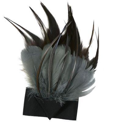 Feather Brooch with Grosgrain Bow | Steel, Natural, and Black Feathers with Black Grosgrain | handmade in Seattle WA by Pandemonium Millinery USA