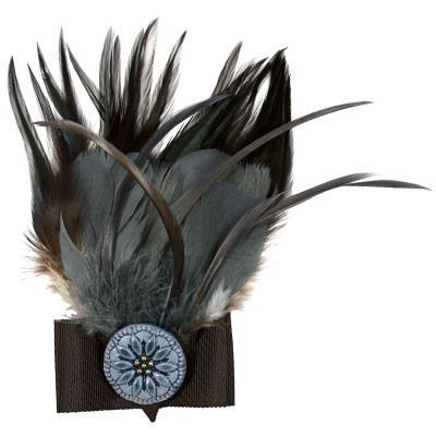 Feather Brooch with Grosgrain Bow and Hand Painted Button Detail | Steel, Natural, and Black Feathers with Brown Grosgrain | handmade in Seattle WA by Pandemonium Millinery USA
