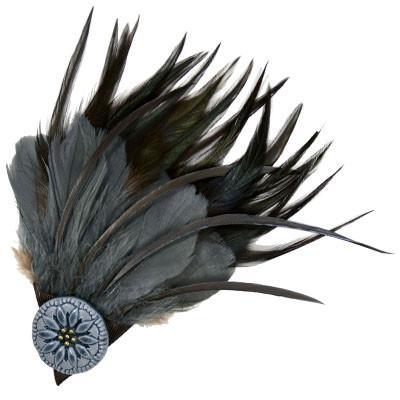 Feather Brooch with Hand Painted Button Detail | Steel, Natural, and Black Feathers with Brown Grosgrain | handmade in Seattle WA by Pandemonium Millinery USA
