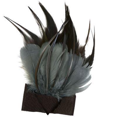 Feather Brooch with Grosgrain Bow | Steel, Natural, and Black Feathers with Brown Grosgrain | handmade in Seattle WA by Pandemonium Millinery USA