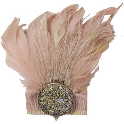 Feather Brooch with Matching Grosgrain Bow and Button Detail | Pink and Cream Feathers | handmade in Seattle WA by Pandemonium Millinery USA