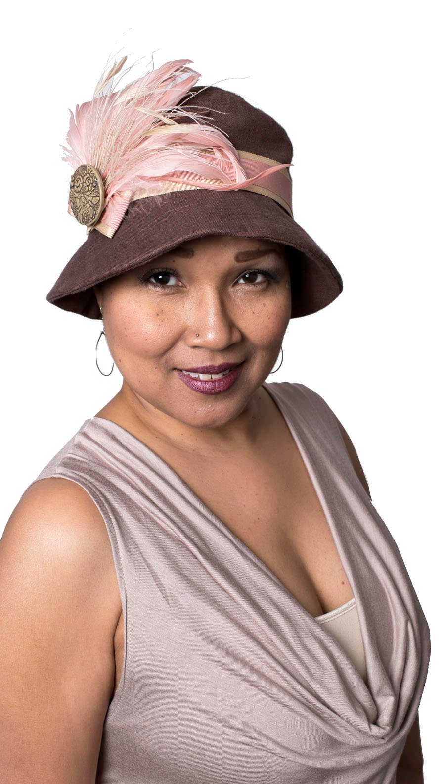 Feather Brooch with Matching Grosgrain Bow and Button Detail on linen hat | Pink and Cream Feathers | handmade in Seattle WA by Pandemonium Millinery USA
