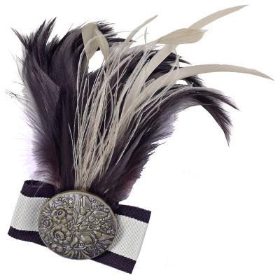 Feather Brooch with Painted Button set on top of a matching grosgrain bow | Plum and Cream Feathers | handmade in Seattle WA by Pandemonium Millinery USA