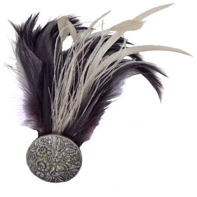Feather Brooch with Painted Button set on top of a matching grosgrain bow | Plum and Cream Feathers | handmade in Seattle WA by Pandemonium Millinery USA