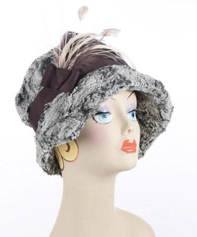 Feather Brooch on Faux Fur Cloche Hat | Plum and Cream Feathers | handmade in Seattle WA by Pandemonium Millinery USA