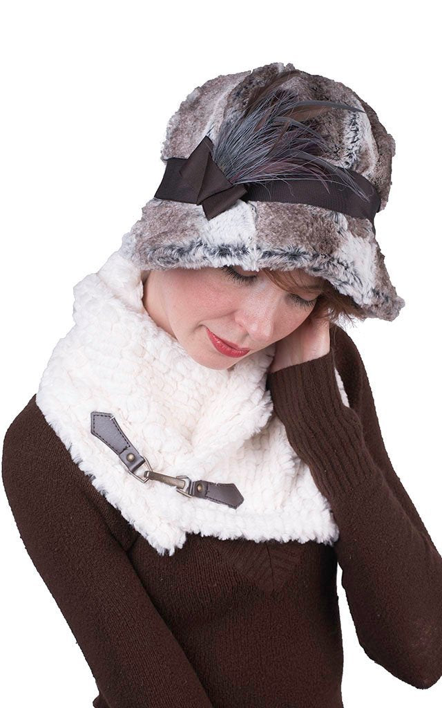 Feather Brooch on Faux Fur Cloche Hat | Plum and Gray Feathers | handmade in Seattle WA by Pandemonium Millinery USA