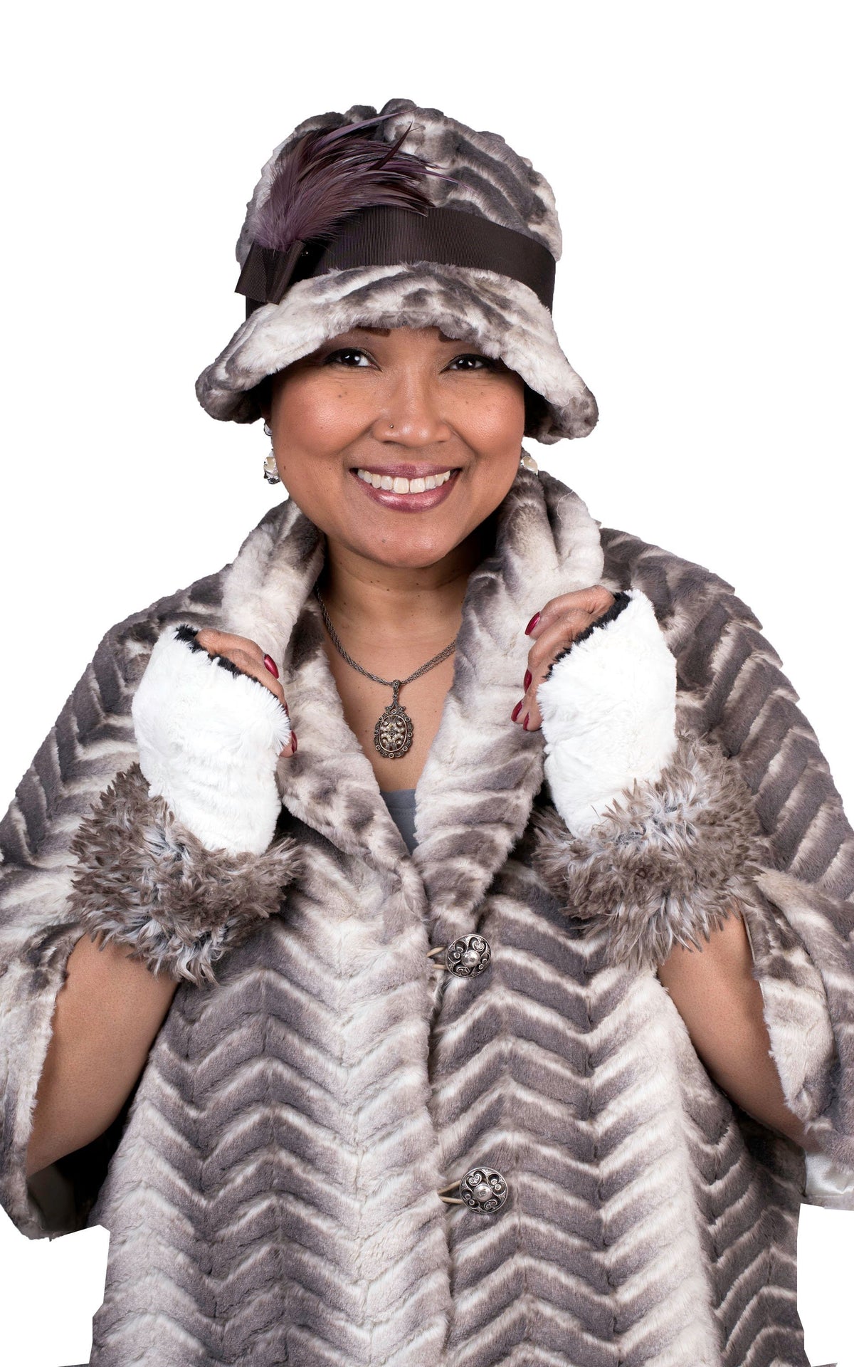 Feather Brooch on Faux Fur Cloche Hat | Plum Feathers | handmade in Seattle WA by Pandemonium Millinery USA