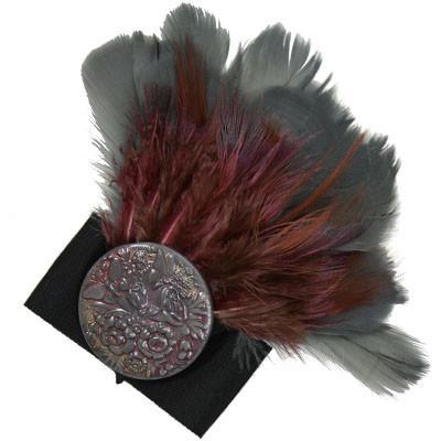 Feather Trim - Steel &amp; Burgundy (One Left with Hand-Painted Button)