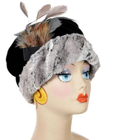 Feather Brooch on Faux Fur Cloche Hat | Steel and Pheasant Feathers | handmade in Seattle WA by Pandemonium Millinery USA