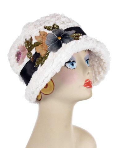 Felted Floral Appliques | Bouquet Felted Flower, Blue, Golden Rod and Pink on a Faux Fur Grace Cloche Hat | Pandemonium Millinery