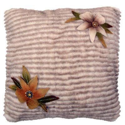 Felted Floral Appliques |  Dogwood  and Hibiscus Felted Flower sewn on Faux Fur Pillow | Pandemonium Millinery