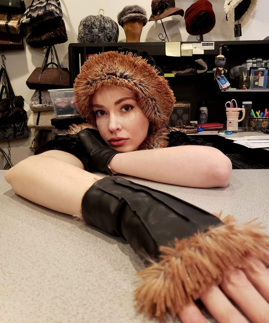 Fingerless Gloves with Matching Hat Model Shot | Vegan Leather in Black with Red Fox Faux Fur | Pandemonium Millinery