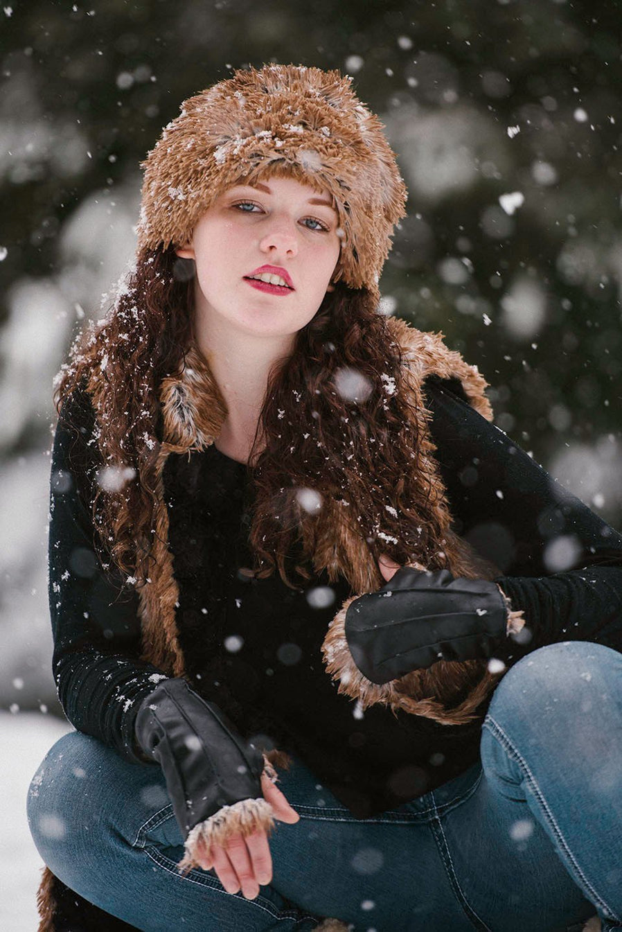 Fingerless Gloves Model Shot | Vegan Leather in Black with Red Fox Faux Fur | Pandemonium Millinery