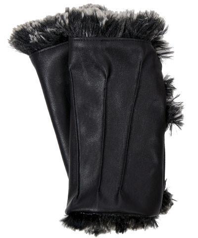 Fingerless Gloves | Vegan Leather in Black with Silver Tipped Fox Black Faux Fur | Pandemonium Millinery