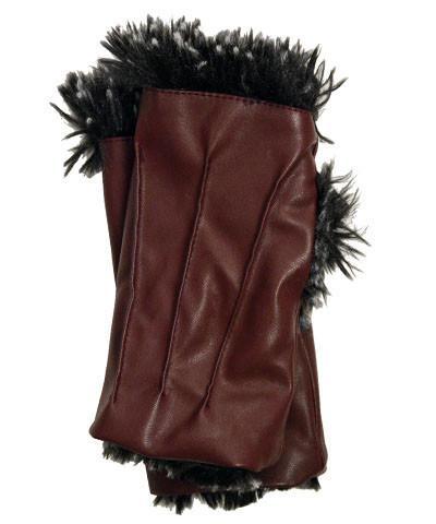 Fingerless Gloves | Vegan Leather in Bordeaux with Silver Tipped Fox in Black Faux Fur | Pandemonium Millinery