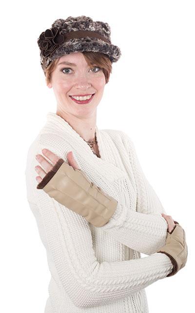 Fingerless Gloves on Model | Vegan Leather in Camel with Cuddly Faux Fur | Pandemonium Millinery