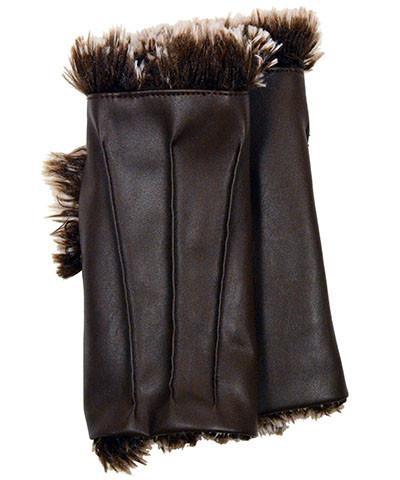 Fingerless Gloves | Vegan Leather in Chocolate with Silver Tipped Fox in Brown Faux Fur | Pandemonium Millinery