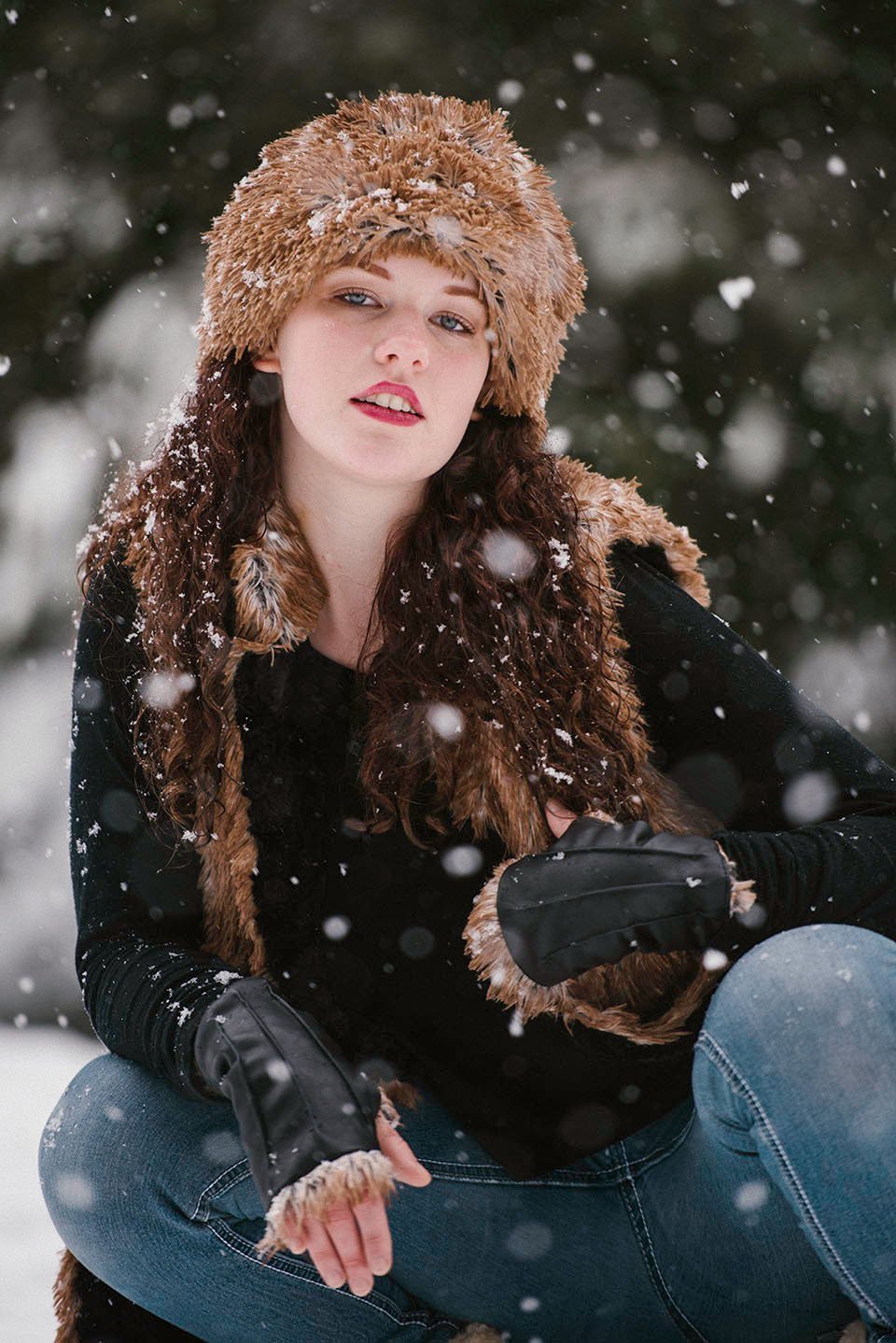 Fingerless Gloves Model Shot | Vegan Leather in Black with Red Fox Faux Fur | Pandemonium Millinery