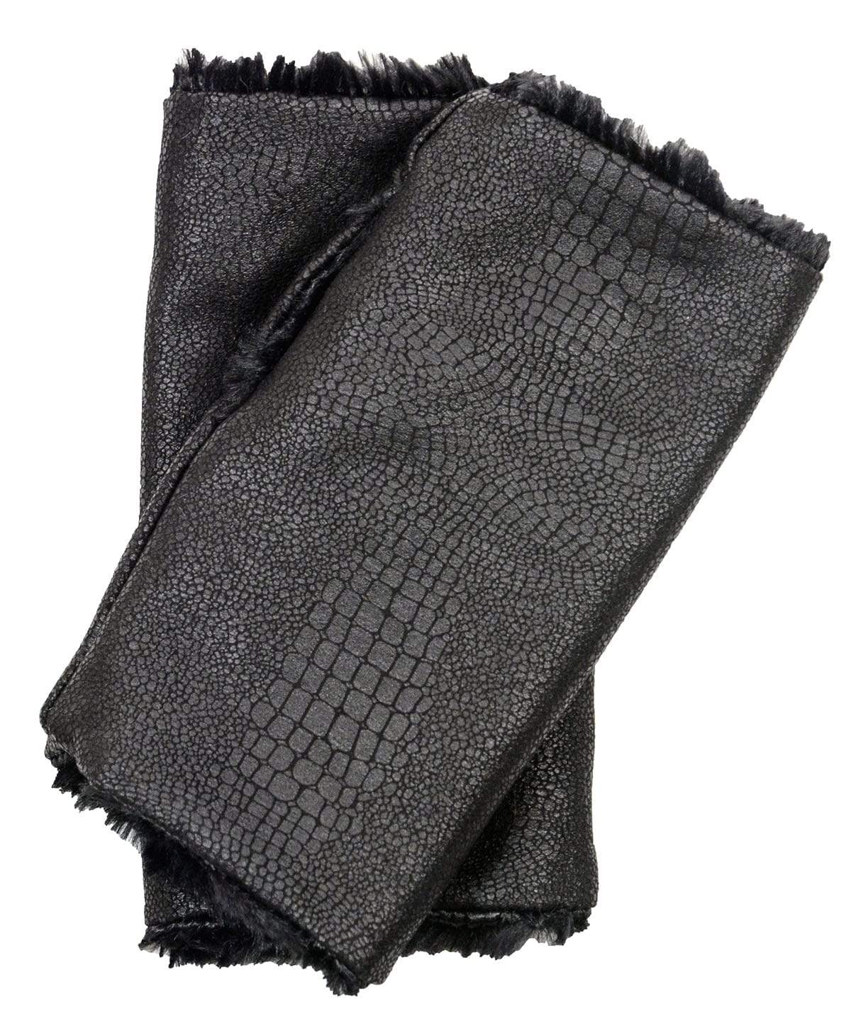 Reversible Fingerless Gloves | Vegan Leather Outback in Black with Cuddly Black Faux Fur | Pandemonium Millinery