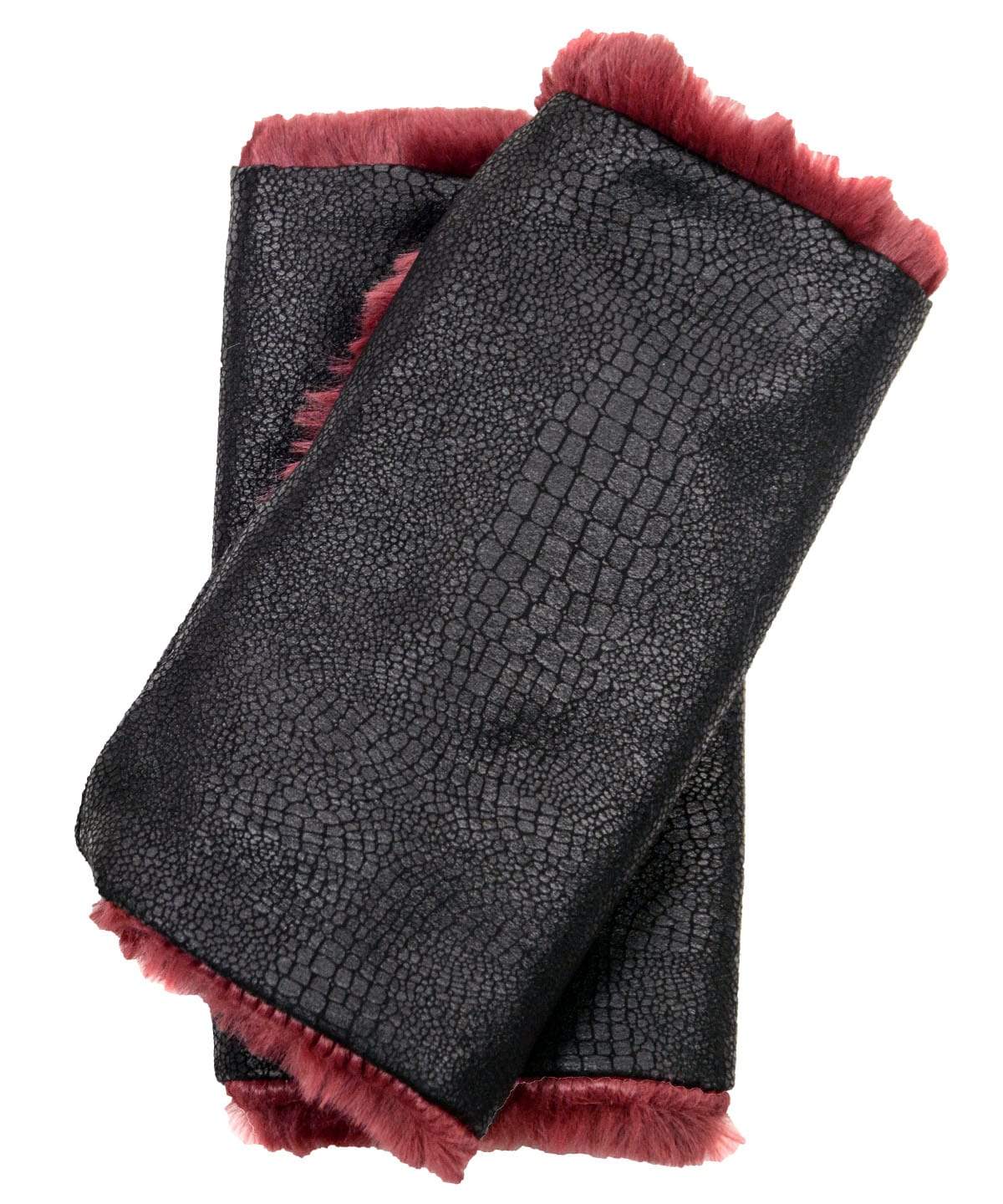 Reversible Fingerless Gloves | Vegan Leather Outback in Black with Cranberry Creek Faux Fur | Pandemonium Millinery