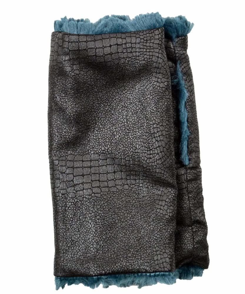 Men's Fingerless Gloves - Outback Vegan Leather in Black with Peacock Pond Faux Fur - Handmade Seattle WA Pandemonium Millinery