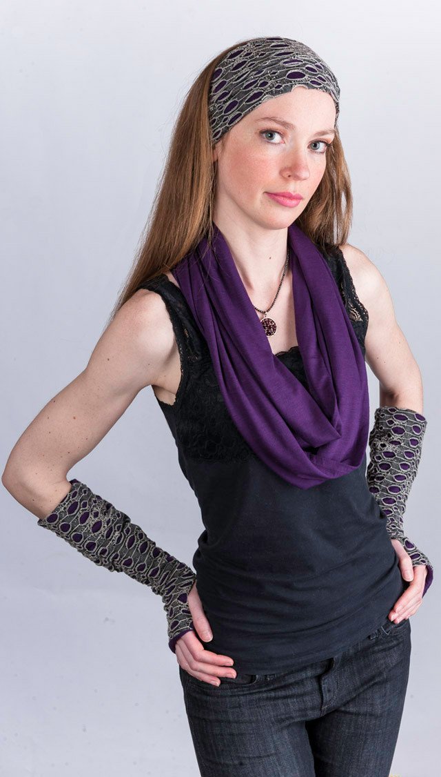 Fingerless Gloves Long on Model | Lunar Landing with Purple Haze | Pandemonium Millinery