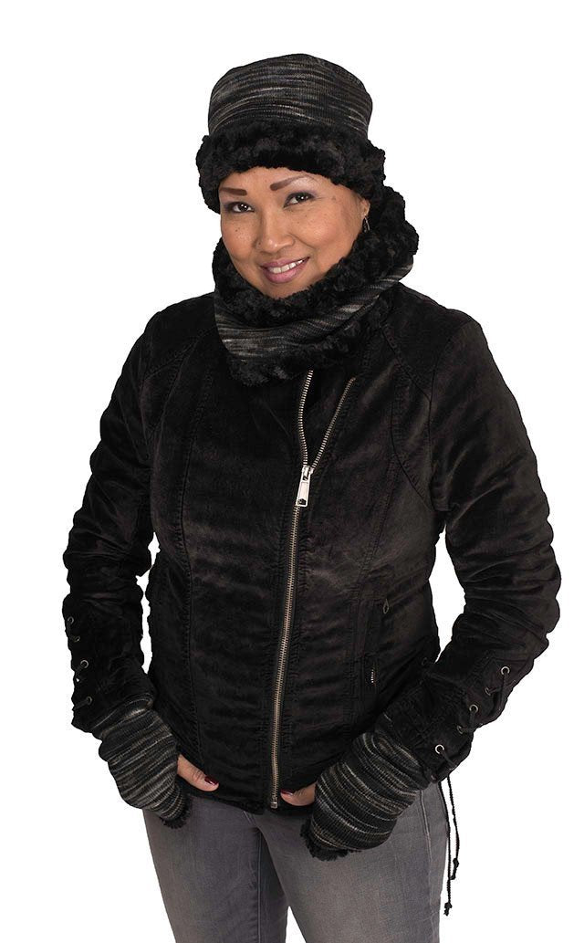 Reversible Fingerless Gloves Model Shot | Sweet Stripes in Blackberry Cobbler with Cuddly Black Faux Fur | Pandemonium Millinery