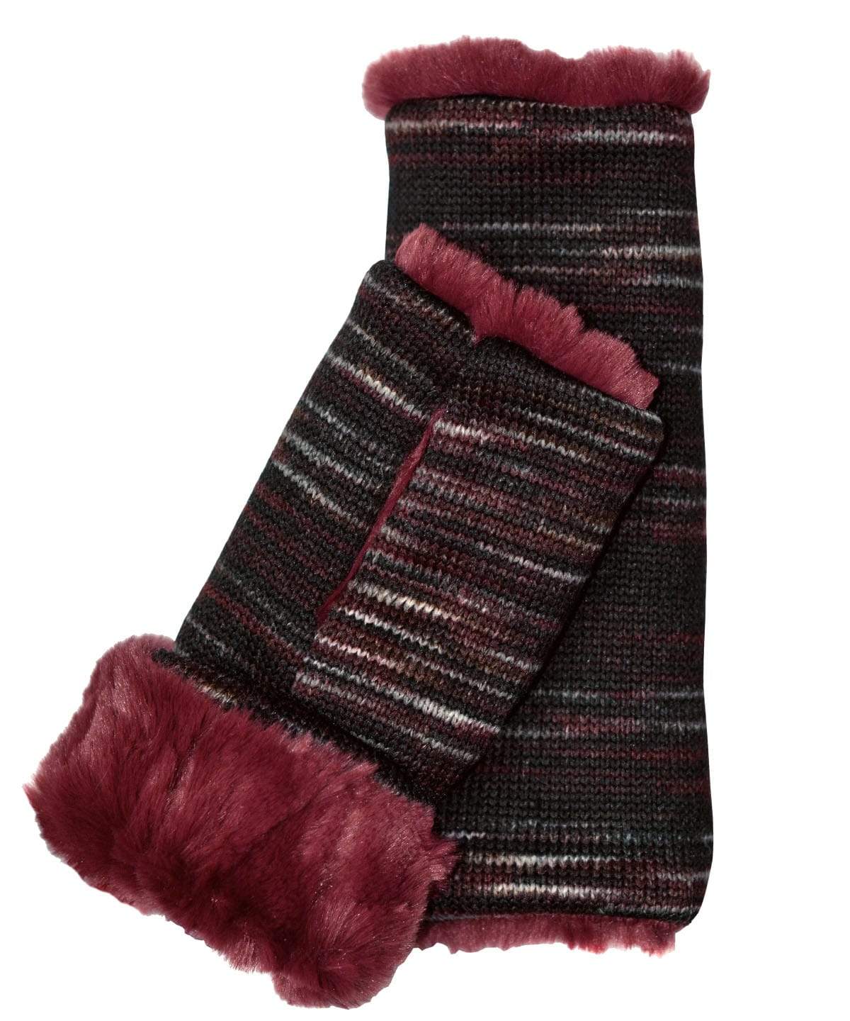 Reversible Fingerless Gloves | Sweet Stripes in Cherry Cordial with Cranberry Creek Faux Fur Lining | Pandemonium Millinery